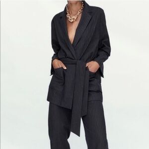 Zara Charcoal Pinstripe Belted Blazer